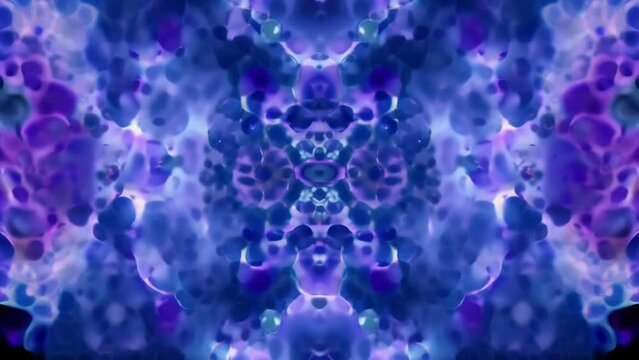 A symmetrical pattern of interlocking circular algae cells resembling a mesmerizing kaleidoscope of iridescent blues and purples. . AI generation.