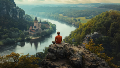 A man is sitting on a rock overlooking a river with a castle in the background
