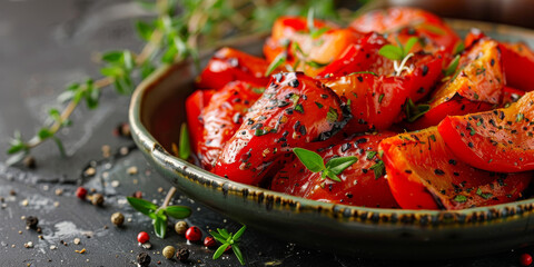 Fresh Marinated Roasted Tomatoes with Herbs and Spices in Rustic Kitchen Setting