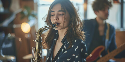 Female Saxophonist Performing with Band in Modern Jazz Club - obrazy, fototapety, plakaty