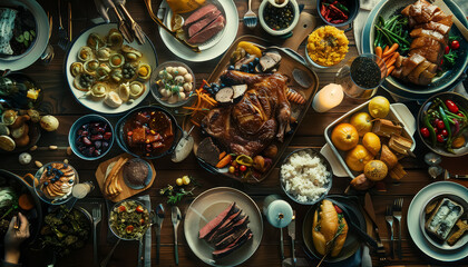 A large table is covered with a variety of food, including meat, vegetables