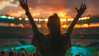A woman is standing in a stadium with her arms raised in the air