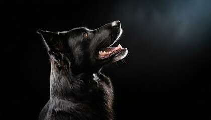 black dog profile portrait heading up, howling at night, isolated on a black background with copyspace area