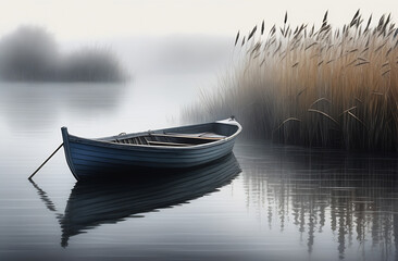 empty boat in the reeds on a foggy morning - obrazy, fototapety, plakaty