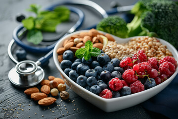 Healthy Heart Diet Concept: Fresh Berries, Nuts, and Vegetables with Stethoscope