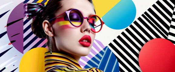 Contemporary art poster featuring a fashion model wearing large glasses and white and bright colored clothing with 3D stripes in the background