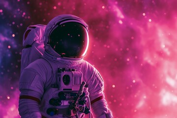 Eccentric Astronaut in pink space uniform. Cosmonaut in rosy uniform going on interstellar adventure. Generate ai