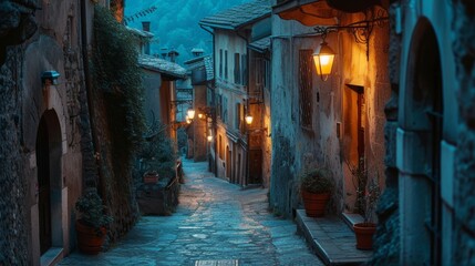 Twilight over a serene alley lined with old buildings and lit street lamps in Italy
