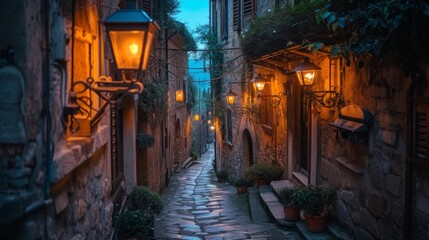 Dusky glow on a cozy narrow street with stone houses and hanging lamps in Italy