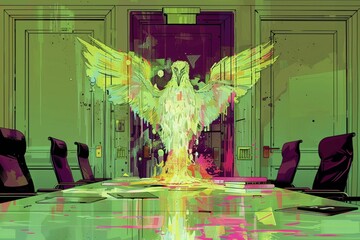 A phoenix in a boardroom, its ashes failing to reignite, embodying a business unable to recover - obrazy, fototapety, plakaty