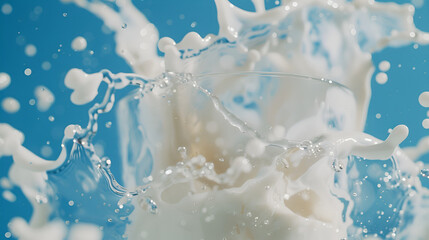 Fresh Milk crown splash in a milk pool ,Realistic milk splash, splashing in milk pool with isolated on blue background ,Milk splashes and forms intricate patterns as it collides with a surface