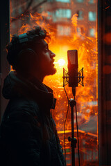 Fototapeta premium Musician Recording Vocals in Studio with Vibrant Backlight