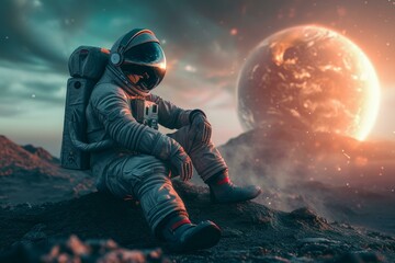 Awe-struck Astronaut sitting on planet. Universe science. Generate Ai - obrazy, fototapety, plakaty