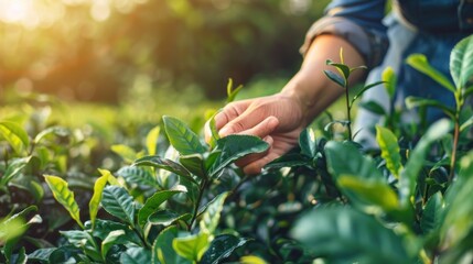 Woman Hand holding harvest plucking black green tea herbal agriculture. Woman work Black Tea farm harvest.