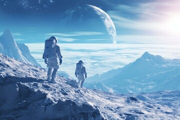 Determined Astronauts exploring planet. Future cosmos. Generate Ai