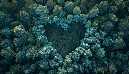 A heart made of trees is shown in a forest