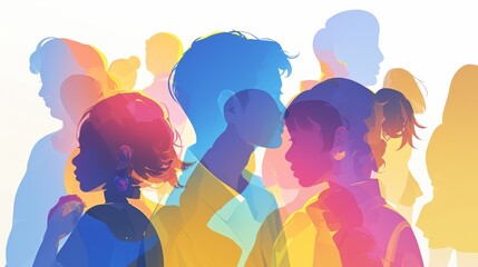 Colorful semi-transparent silhouettes of people in profile view