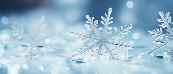 Close-Up of Frosty Snowflake on Shimmering Surface