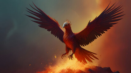 Phoenix Rising from Red Ash, a phoenix bursts from a pile of red ash, its wings outstretched and feathers ablaze in a fiery red aura - obrazy, fototapety, plakaty