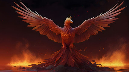 Phoenix Rising from Red Ash, a phoenix bursts from a pile of red ash, its wings outstretched and feathers ablaze in a fiery red aura - obrazy, fototapety, plakaty
