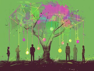 Entrepreneurs planting a digital tree, its branches sprouting with glowing fruits of success, rooted in a graph