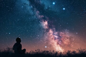 Patient Astronomer happy child starry sky night. Astrology planet. Generate Ai