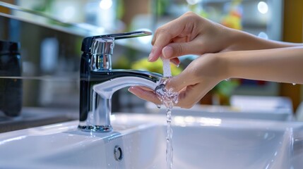 Woman hand shut the faucet, prevent from leaking waste with