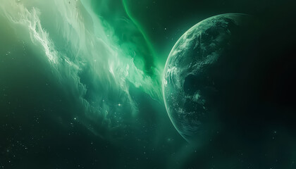 A planet with a greenish hue and a bright blue aurora