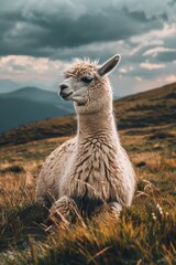 Fototapeta premium A llama is seated in a grassy field, with majestic mountains visible in the background. The llama is peacefully grazing on the grass, enjoying the serene surroundings