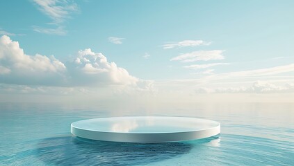 A transparent glass circular podium on the water, with a blue sky and ocean background