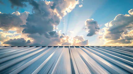 A metal sheet roof stands against a backdrop of blue sky adorned with fluffy white clouds.