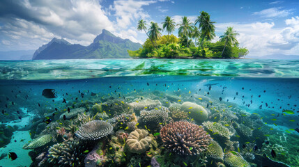 A split-view captures the tropical island above and fish swimming gracefully underwater, offering a mesmerizing glimpse of marine life and island beauty.