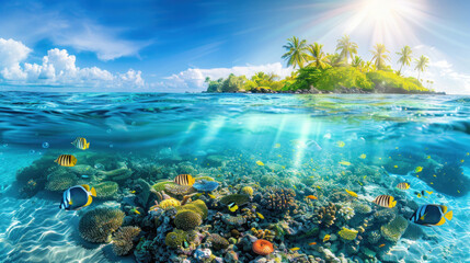 Fototapeta na wymiar A split-view captures the tropical island above and fish swimming gracefully underwater, offering a mesmerizing glimpse of marine life and island beauty.