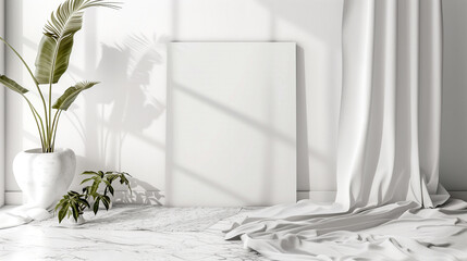 A minimalist interior with a white room and a tropical flower in a vase
