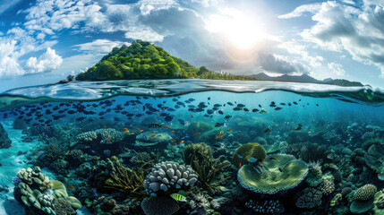 Fototapeta na wymiar A split-view captures the tropical island above and fish swimming gracefully underwater, offering a mesmerizing glimpse of marine life and island beauty.