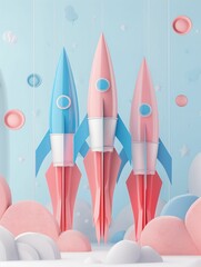 Vector depiction of a series of paper rockets, each progressively crumpling under financial pressure, journey into bankruptcy, white background