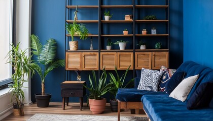 living room with dark blue color palette and wood with green plants 