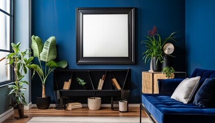 Fototapeta premium modern living room with dark blue wall and sofa with frame for photo or poster. mockup for painting 
