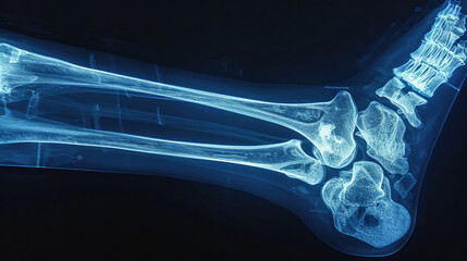 A fractured tibia is evident on the X-ray, displaying a clear disruption in the bone structure. - obrazy, fototapety, plakaty