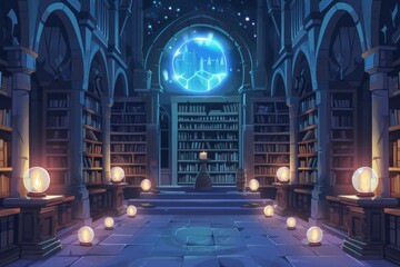 A magical library filled with ancient tomes and glowing orbs of knowledge - obrazy, fototapety, plakaty