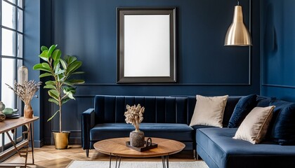 modern living room with dark blue wall and sofa with frame for photo or poster. mockup for painting 