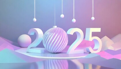 Happy New Year banner, greeting card, poster, holiday cover. New Year's Eve holiday party 2025 purple color with winter decor 3D with copy space