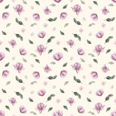 Watercolor digital seamless pattern with green leaves and magnolia flowers milk background. Botanical hand drawn pattern. Digital watercolor elements.