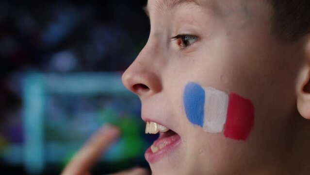 an expressive young French football fan watches the match and screams out of concern for the team. French fan boy 9-10 years old with the national team flag painted on his face