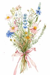 Beautiful Watercolor Painting of a Bouquet of Wildflowers with a Ribbon on a White Background