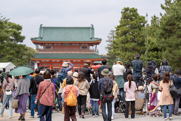 Kyoto Sakura Yosakoi ( Sakuyosa ) festival at the Okazaki area around Heian Shrine. Crowd of people...