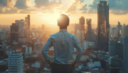A man in a white shirt stands in front of a city skyline, looking up at the sun - Powered by Adobe