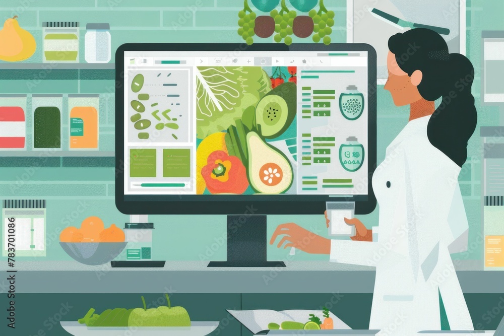 Poster female scientist analyzing food data on computer screen in laboratory