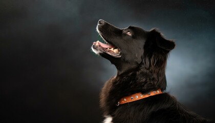 black dog profile portrait, head raised in a howling pose against a dark night sky, isolated on a black background  - obrazy, fototapety, plakaty