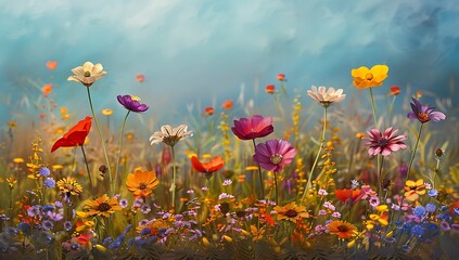 Colorful wildflowers in a spring meadow, a colorful flower background